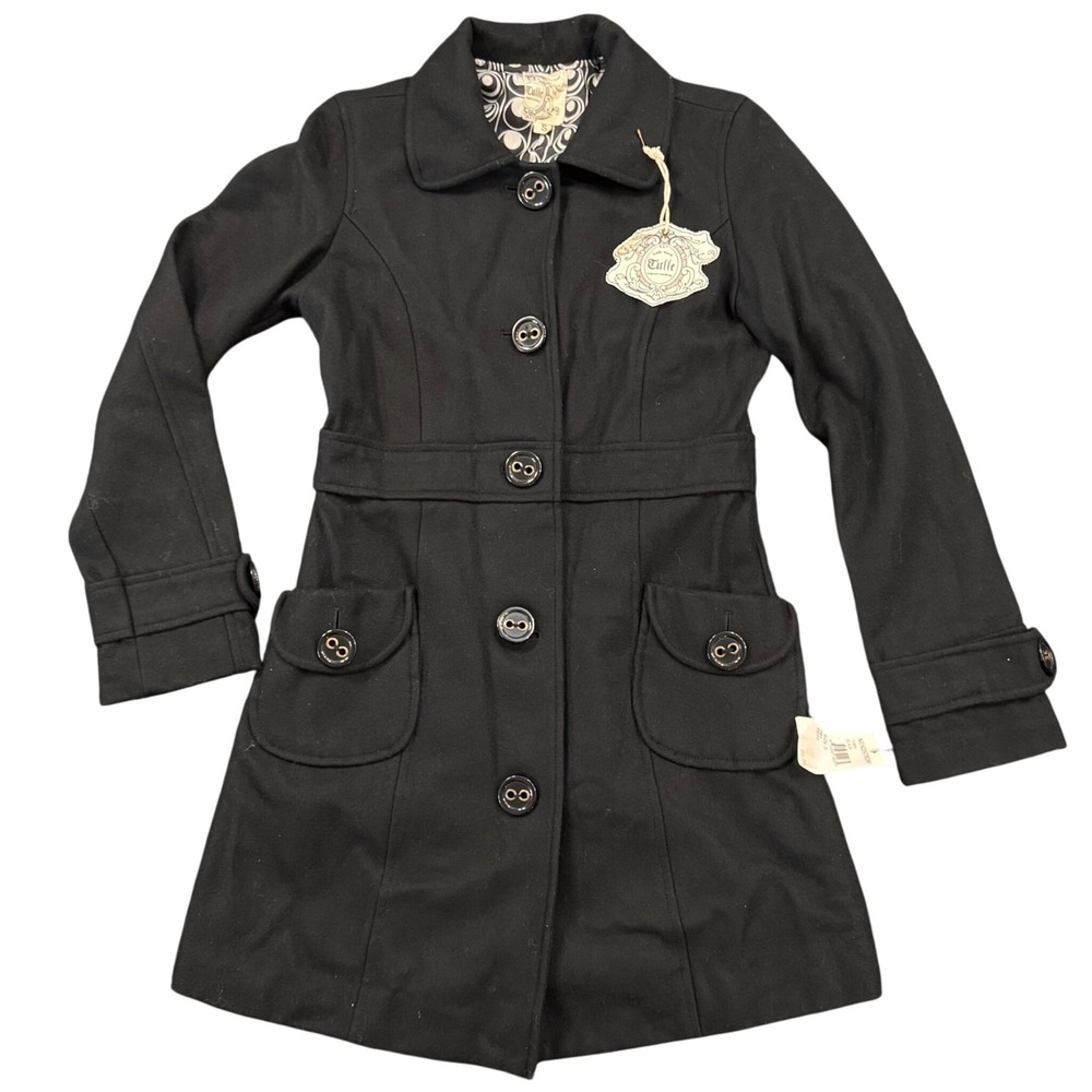 New Tulle Black Wool Blend‎ Coat Jacket Trench Style Fitted Small S Button Front